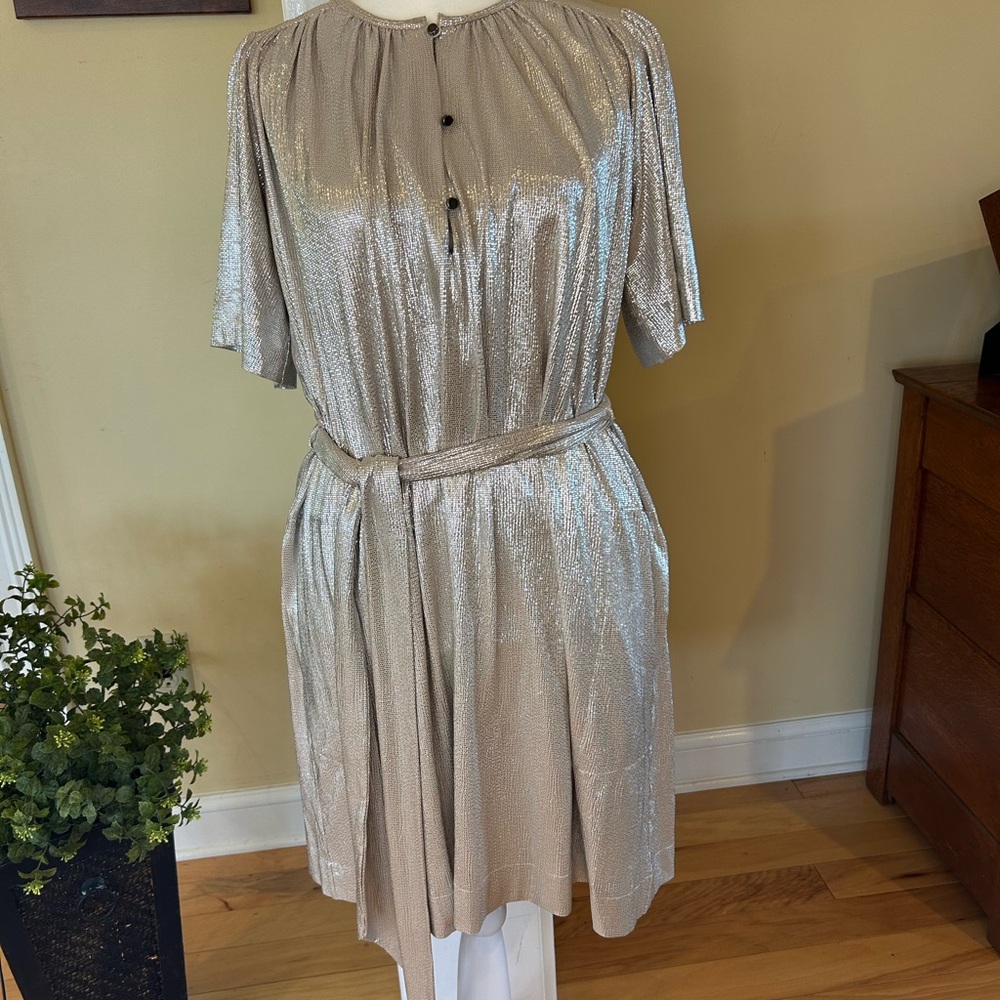 Sabina Musayev Gold Champagne Metallic Pleated Belted Mini Dress XS
